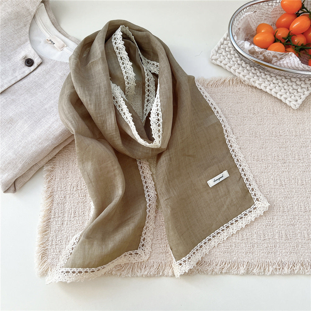 Product image for Scarvii - Lightly Sheer Openwork Lace-Trim Scarf (Green)