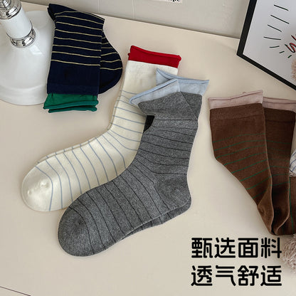 阿程家批发袜子无骨女棉袜秋冬韩系美式学院风条纹堆堆袜撞色卷边