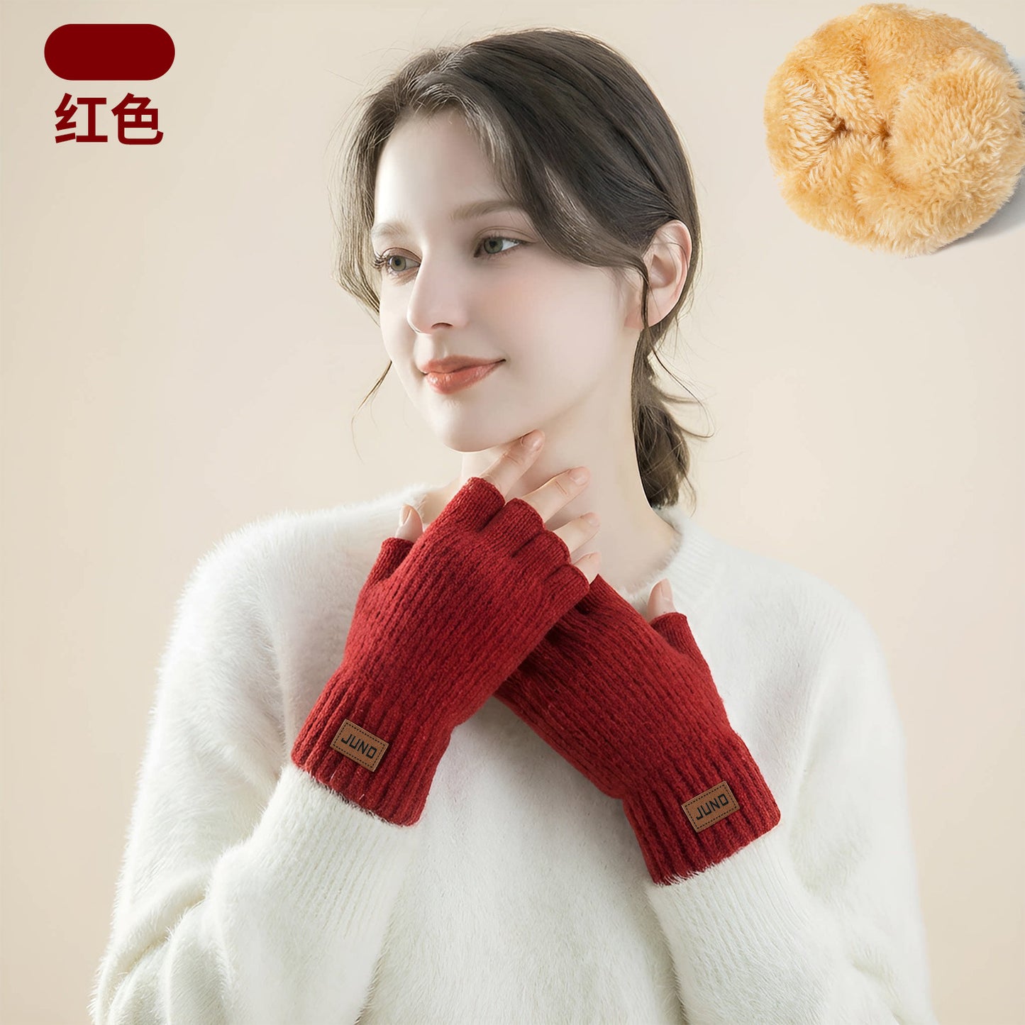 女士加厚漏指手套秋冬季针织加绒半截防寒写字保暖双层半指手套