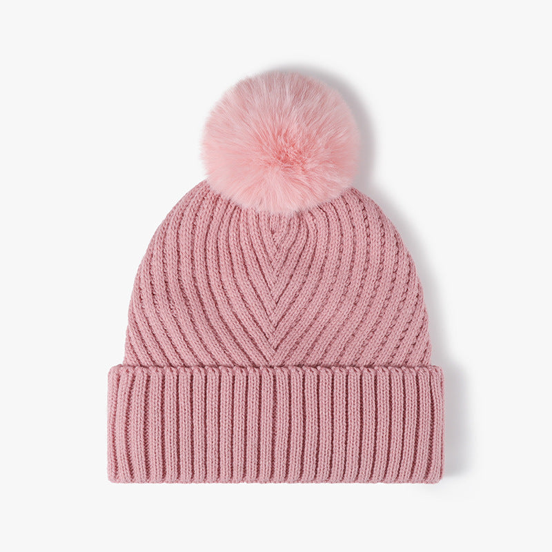 Pink pom-pom faux fur-lined cuffed knit beanie product view
