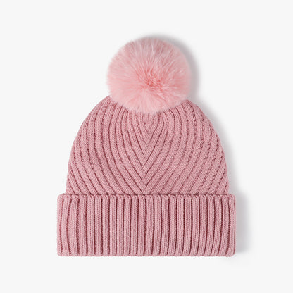 Pink pom-pom faux fur-lined cuffed knit beanie product view