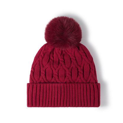 Burgundy cable knit pom-pom cuffed beanie product view