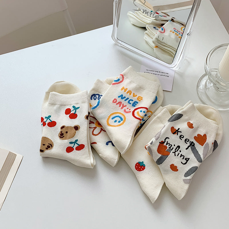 Rufia Cotton Socks for Women | 5 Pairs | Smile and Bear Pattern | Cute and Fashionable