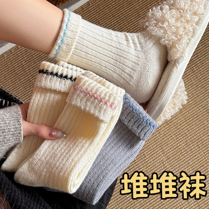 阿程家批发保暖袜子女秋冬款加厚毛绒睡眠冬天长袜堆堆袜撞色韩系