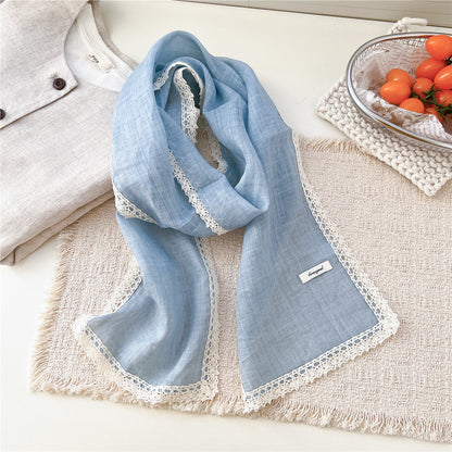 Product image for Scarvii - Lightly Sheer Openwork Lace-Trim Scarf (Blue)