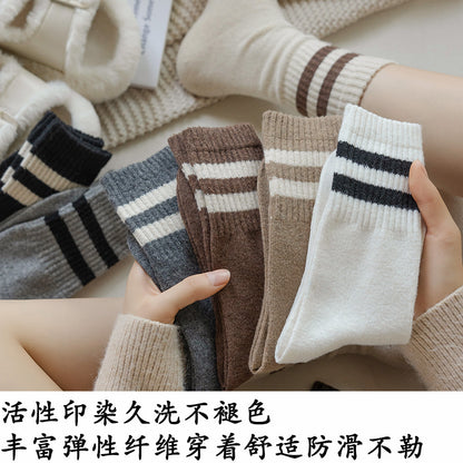 条纹袜子女秋冬羊毛袜加厚保暖堆堆袜学院风堆堆袜中筒袜地板袜