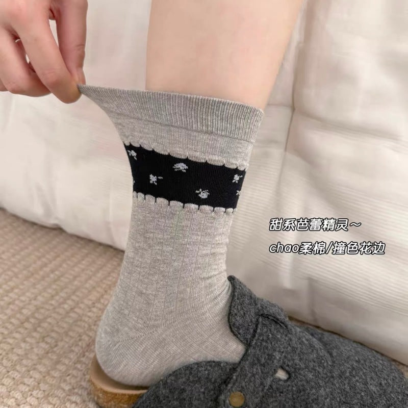 Rufia - Ribbed Cuff with Scalloped Trim Crew-Length Socks