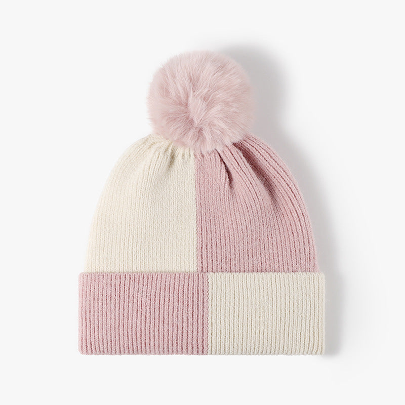 Pink colorblock fleece-lined pom-pom beanie product view