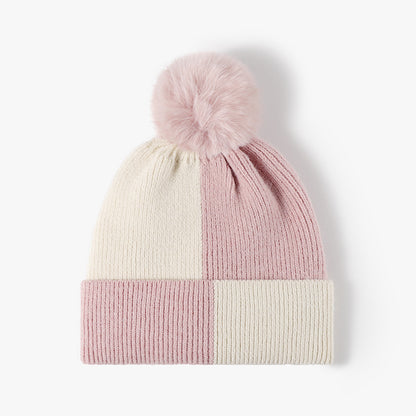 Pink colorblock fleece-lined pom-pom beanie product view