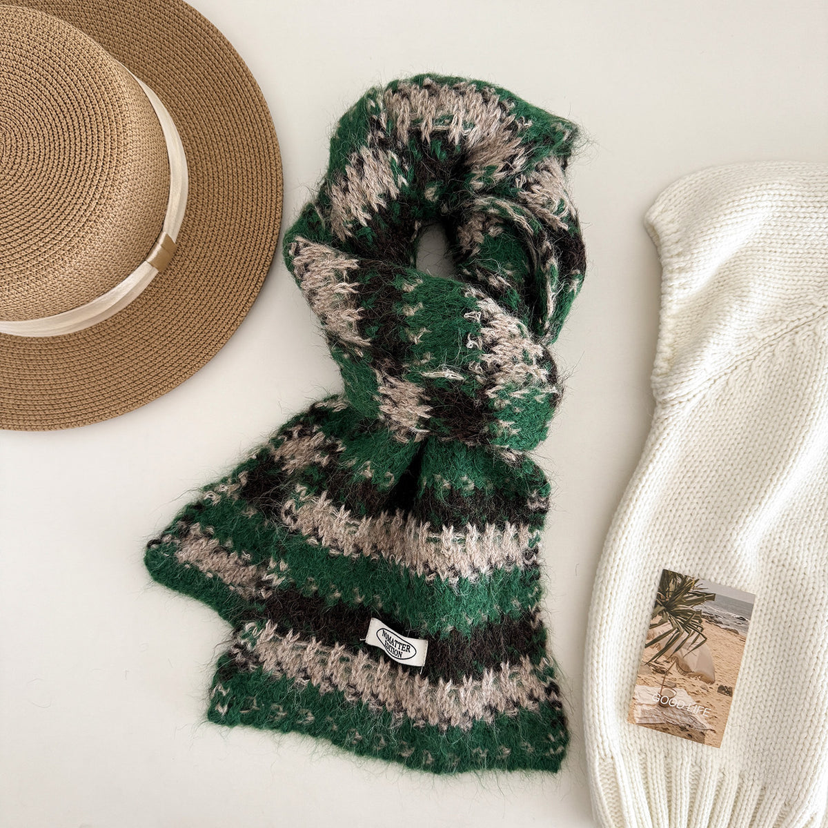 Product image for Scarvii - Multicolor Stripe Fuzzy Knit Scarf (Green)