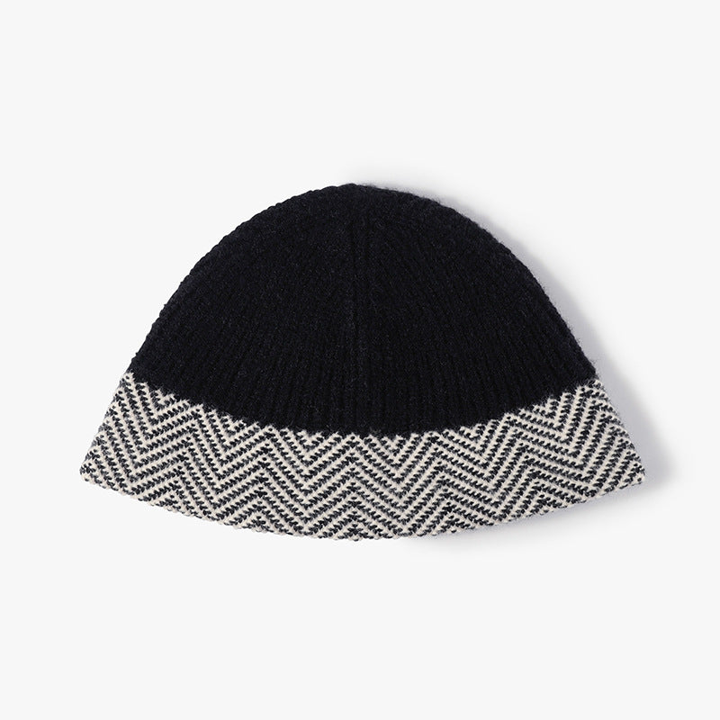 Black herringbone cuff textured knit beanie product view