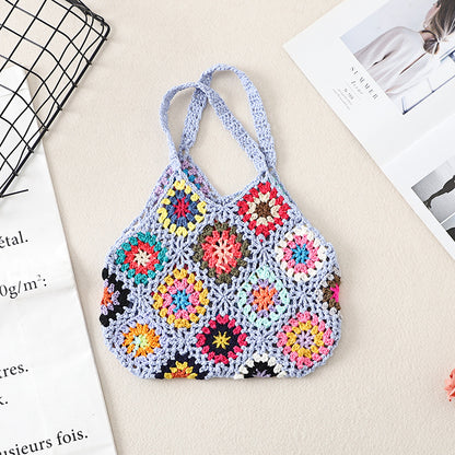 Cosbai Bohemian crochet woven bag displayed upright with strap