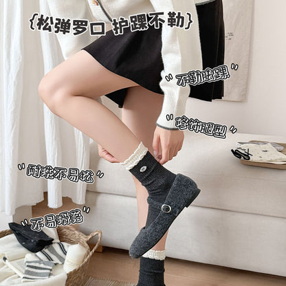 CHEEMY FREE秋冬韩系条纹蝴蝶结灰白色休闲中筒袜子女花边ins风袜
