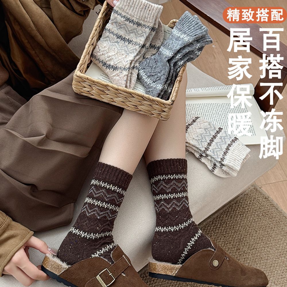 秋冬保暖羊毛袜复古风点子纱中筒袜女韩版堆堆袜子条纹袜批发