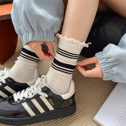 袜子女士秋冬中筒袜美拉德高筒堆堆袜撞色春秋ins日系条纹袜批发