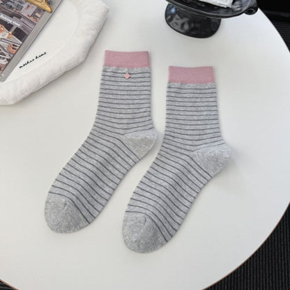 26MEKKI春款袜子女中筒棉袜拼色条纹挂坠装饰堆堆袜无骨韩系女袜