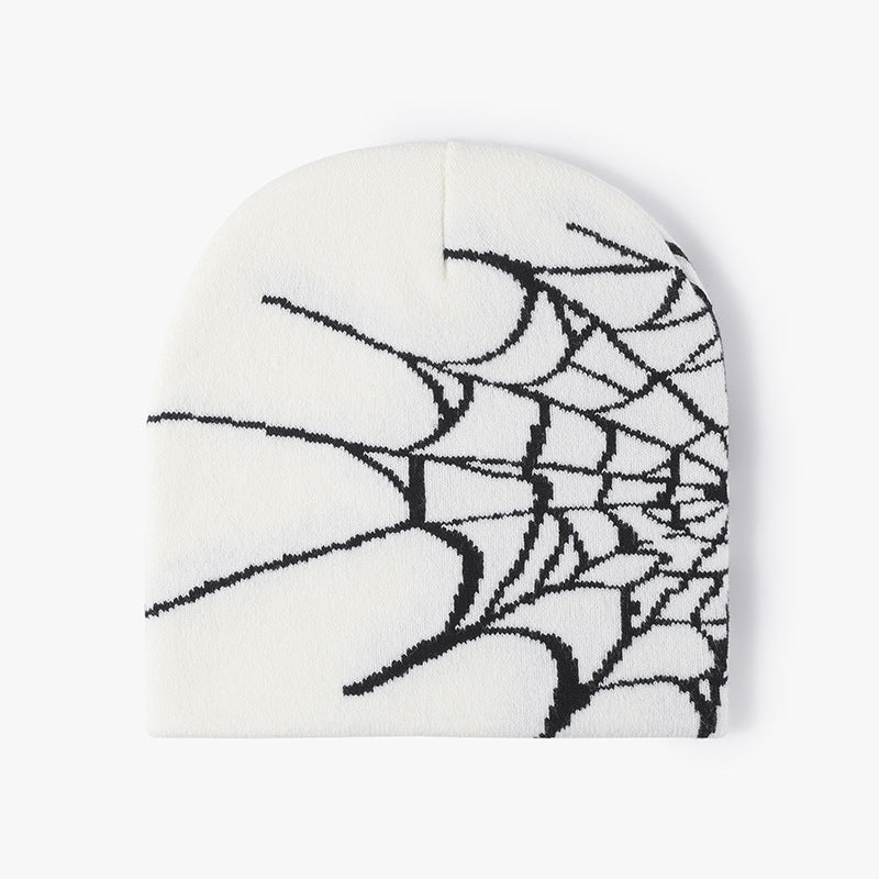 White spiderweb graphic brimless knit beanie product view