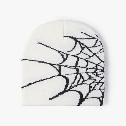 White spiderweb graphic brimless knit beanie product view