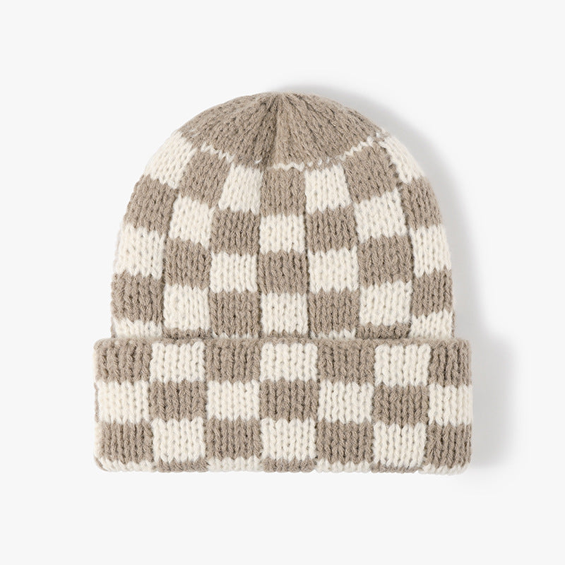 Khaki Beige checkerboard knit cuffed beanie