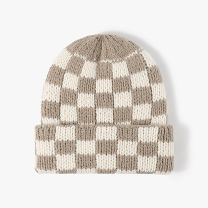 Khaki Beige checkerboard knit cuffed beanie