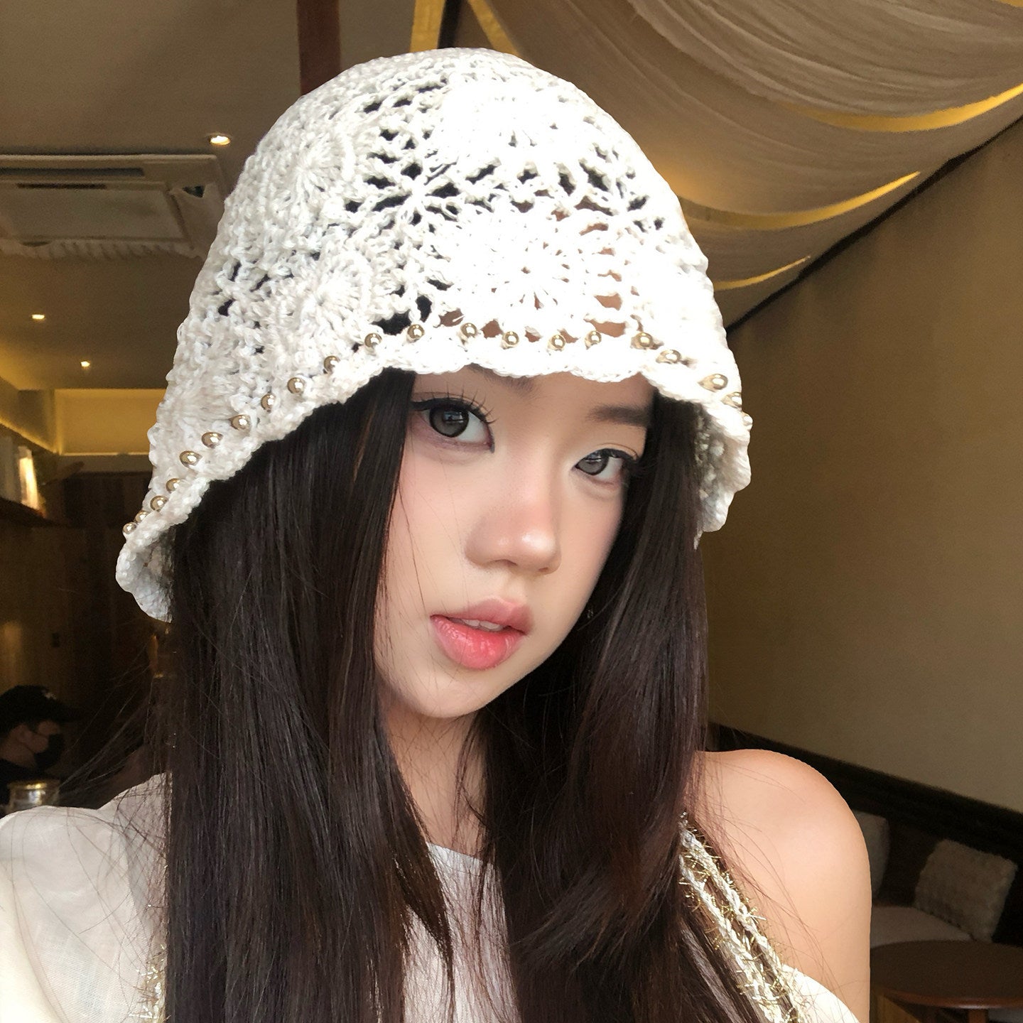 日系手工编织镂空花朵包头帽女春夏薄款透气氛围感显脸小套头帽子