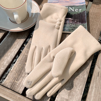 Product image for Gloving - Fuzzy Texture Pleated-Cuff Button-Detail Gloves (Ivory)