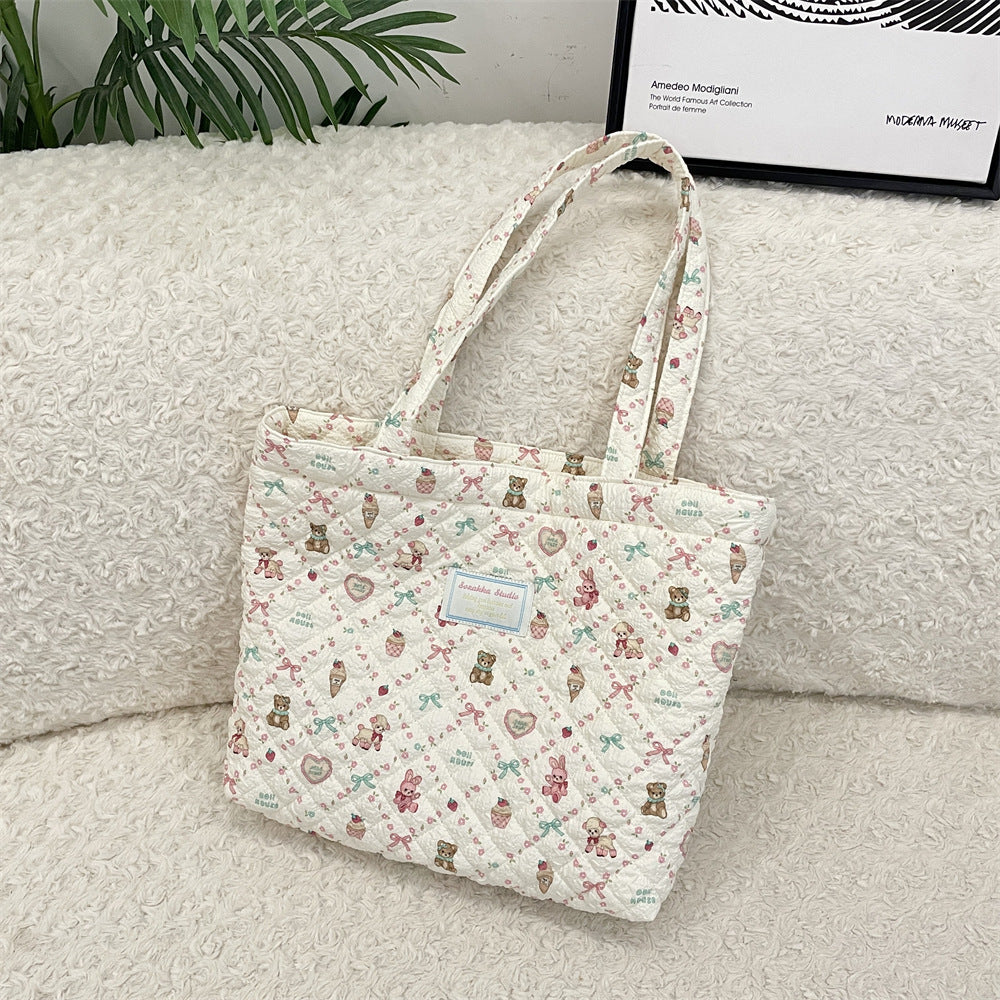 Cosbai - Floral Quilted Tote Bag with Cartoon Pattern