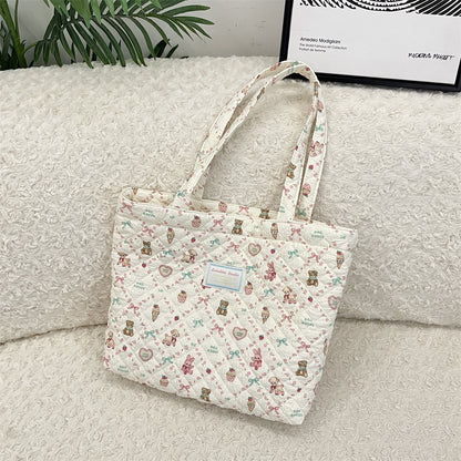 Cosbai - Floral Quilted Tote Bag with Cartoon Pattern