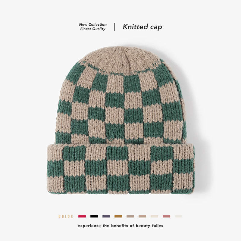 Khaki Green checkerboard knit cuffed beanie overview