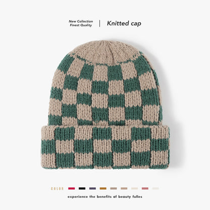 Khaki Green checkerboard knit cuffed beanie overview