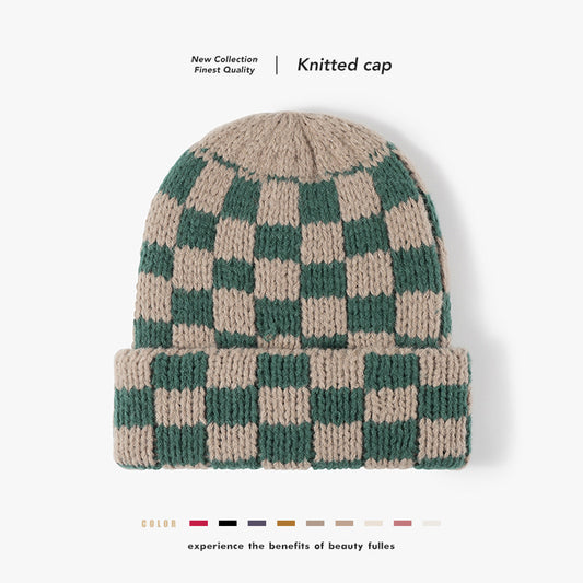 Khaki Green checkerboard knit cuffed beanie overview