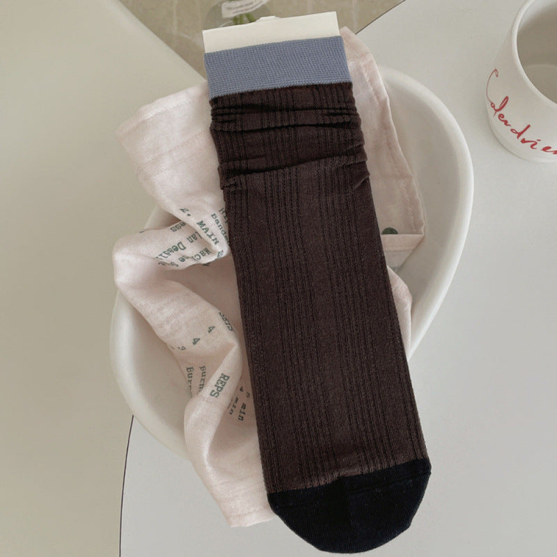 远润家夏季袜子女撞色袜口慵懒风中筒袜薄款韩系镂空堆堆袜潮