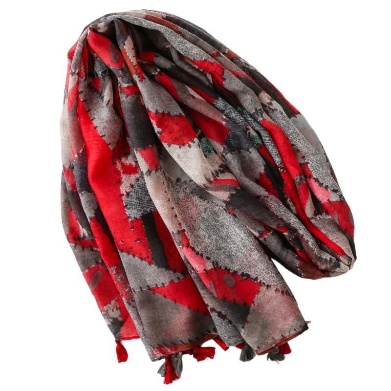 Mosaic Red Gray Geometric Mosaic Tassel Scarf, product detail view