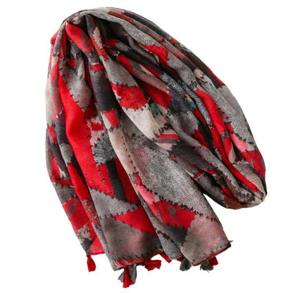 Mosaic Red Gray Geometric Mosaic Tassel Scarf, product detail view