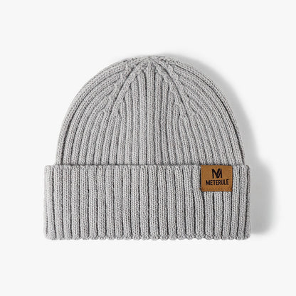 Silver label patch ribbed knit beanie
