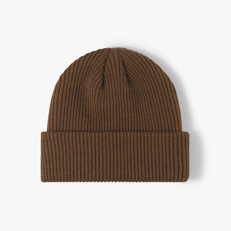 Brown solid ribbed cuffed acrylic knit beanie product view