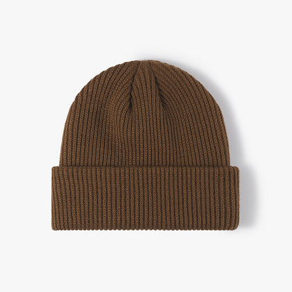 Brown solid ribbed cuffed acrylic knit beanie product view