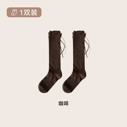 CHEEMY FREE秋冬简约日系纯色花边飘带中长筒袜子女显瘦小腿女袜