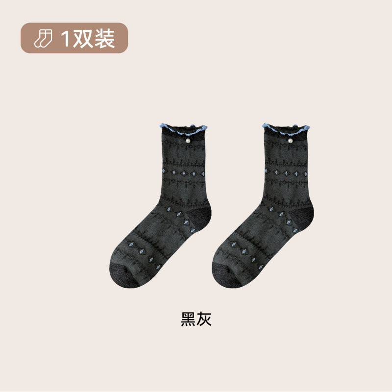 远润家秋冬新款小清新公主风中筒袜子女珍珠花边甜美无骨袜
