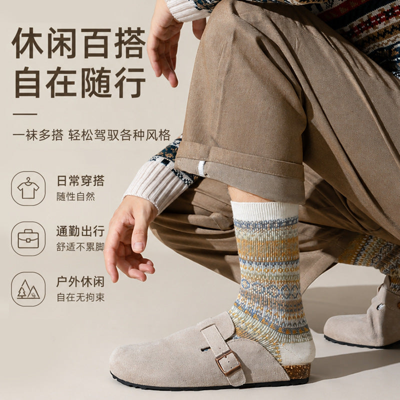 男士复古双针双路棉中筒袜民族风条纹堆堆袜透气休闲百搭秋冬长袜