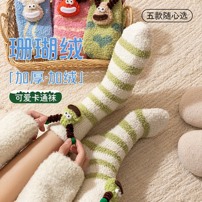 加绒加厚中筒袜居家地板袜保暖睡眠袜卡通秋冬季动物