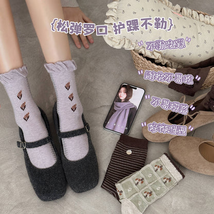 CHEEMY FREE秋冬新复古日系花边蝴蝶结中筒袜子女立体花堆堆女袜