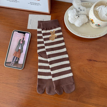 Product image for Rufia - Rabbit Motifs Five-Toe Knee-High Socks (Wide Stripe)