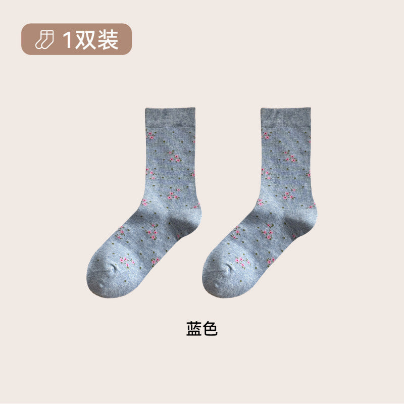 远润家秋冬复古撞色碎花菱格花边百搭袜子女无骨中筒棉袜女