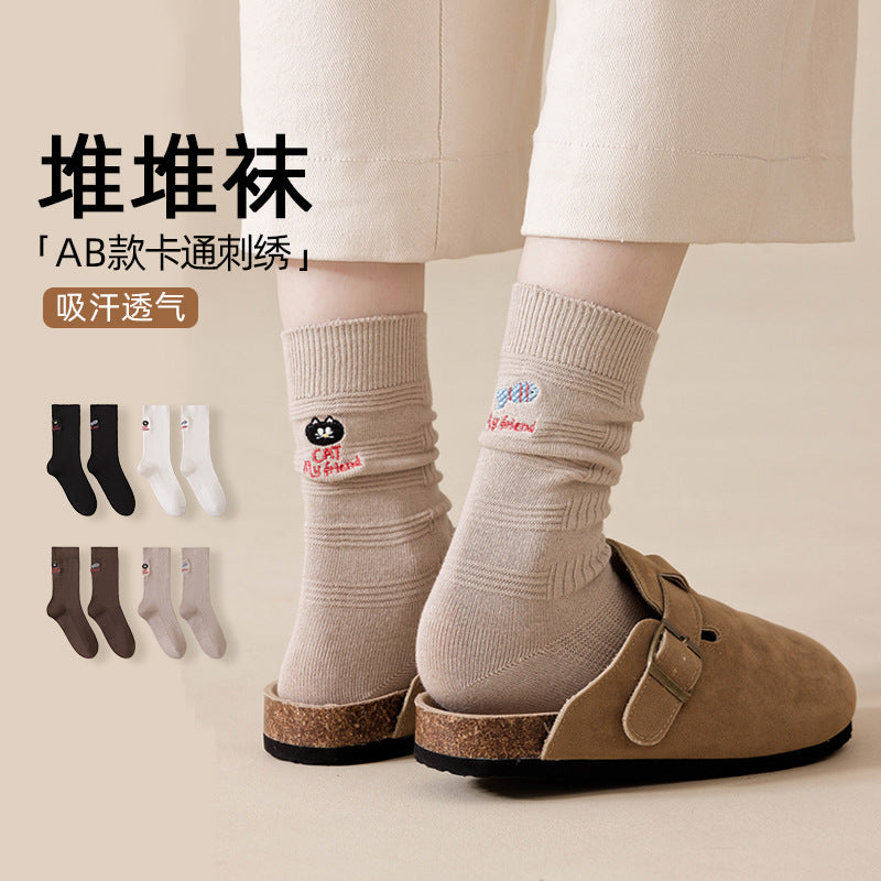 精梳棉袜子女美拉德秋冬季中筒日系堆堆袜卡通刺绣咖色双针中筒袜