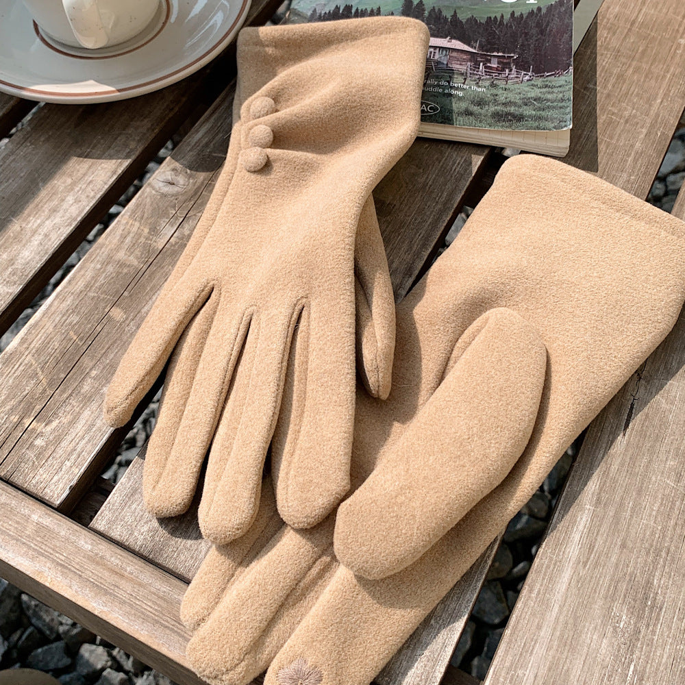 Product image for Gloving - Fuzzy Texture Pleated-Cuff Button-Detail Gloves (Beige)