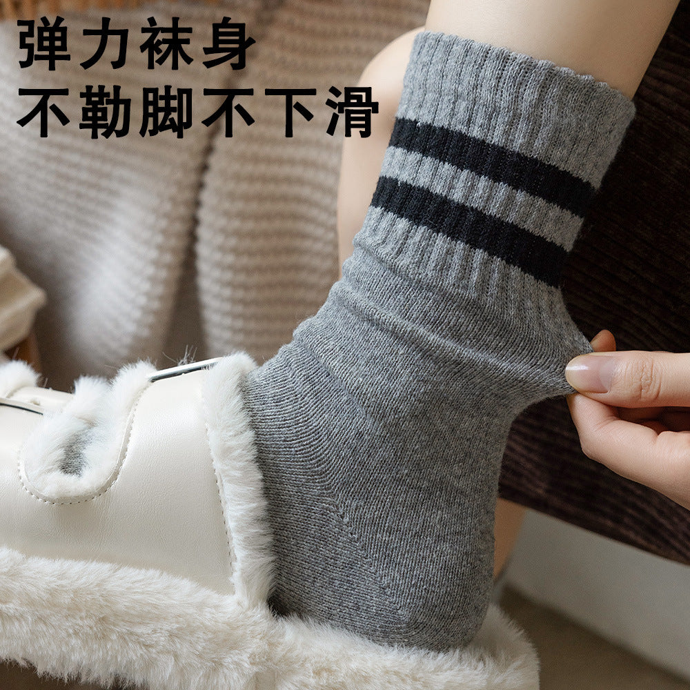 条纹袜子女秋冬羊毛袜加厚保暖堆堆袜学院风堆堆袜中筒袜地板袜
