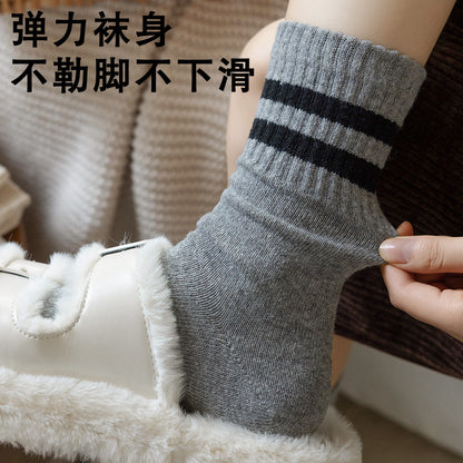 条纹袜子女秋冬羊毛袜加厚保暖堆堆袜学院风堆堆袜中筒袜地板袜
