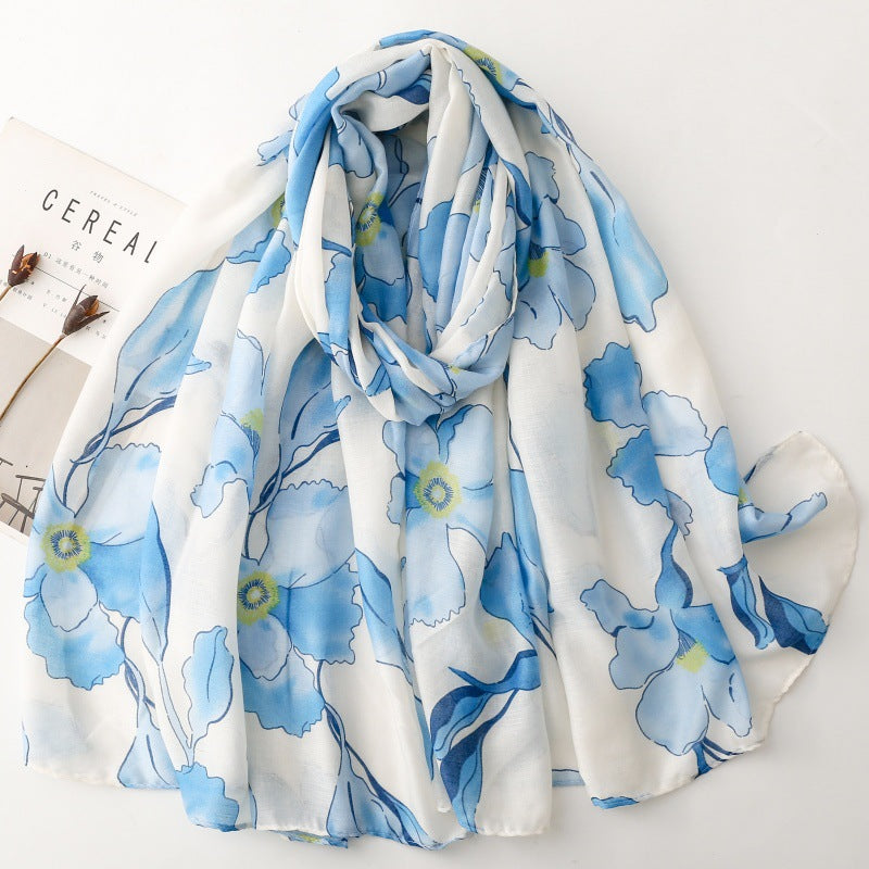 Blue Watercolor Poppy Floral Wrap Scarf, draped front view
