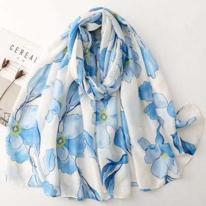 Blue Watercolor Poppy Floral Wrap Scarf, draped front view